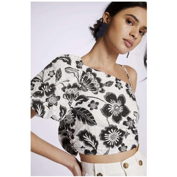 Anthropologie Maeve Floral  Black and White Eyelet Crop Top - Picture 9 of 14